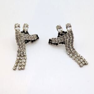 Vintage Dancing Couple Rhinestone Black and Clear Dangling Pierced Earrings